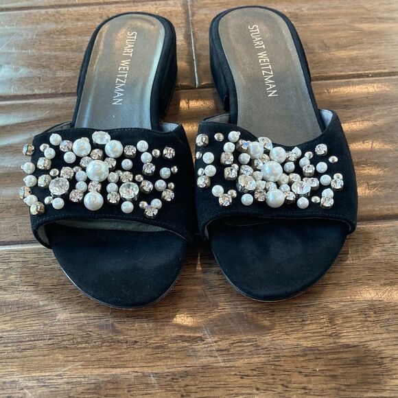 Stuart Weitzman Decorslide Women's Black Pearl Slide Sandals 6.5 M Block Heel - Picture 4 of 12